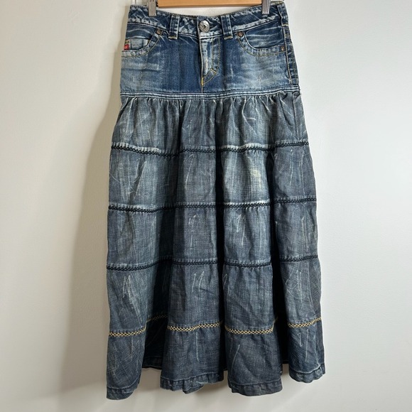 Miss Sixty Dresses & Skirts - VTG Miss Sixty M60 Denim Tiered Midi Skirt XS Distressed Boho Festival Y2K 90s